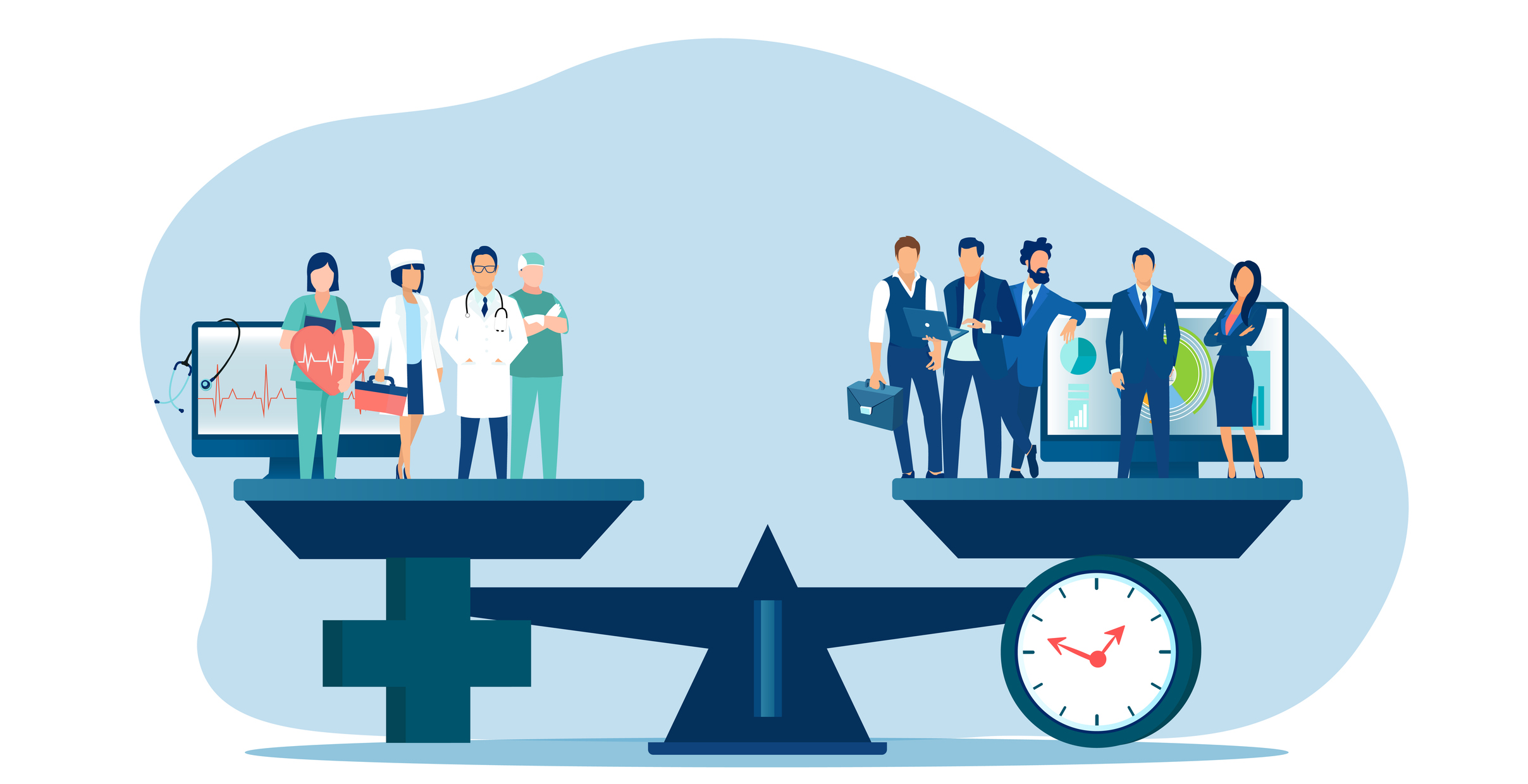 Vector of a group of medical professionals and a group of business people standing on the scales